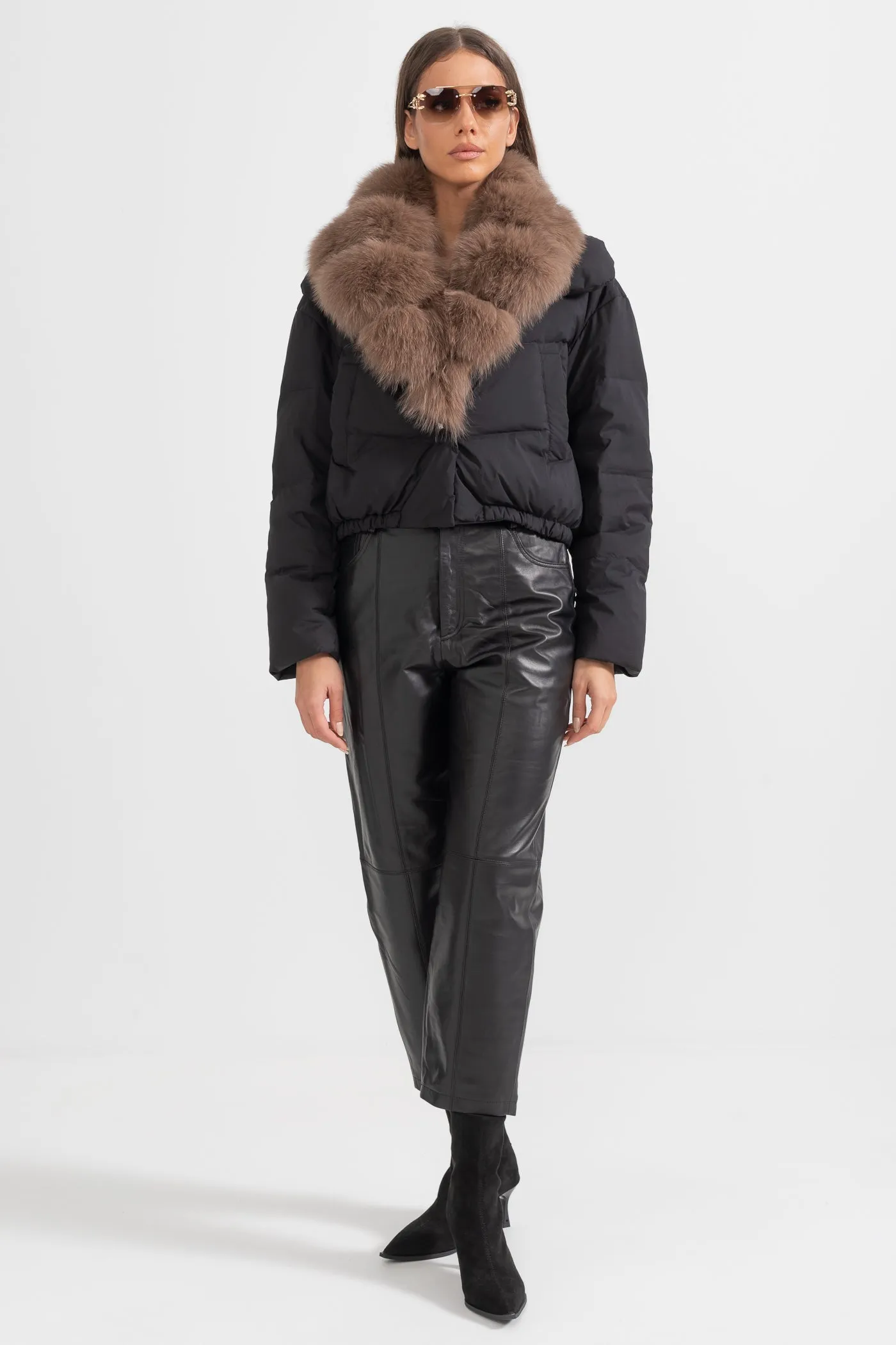 Puffer Jacket With Brown Fox Fur-Lined Hood - Black