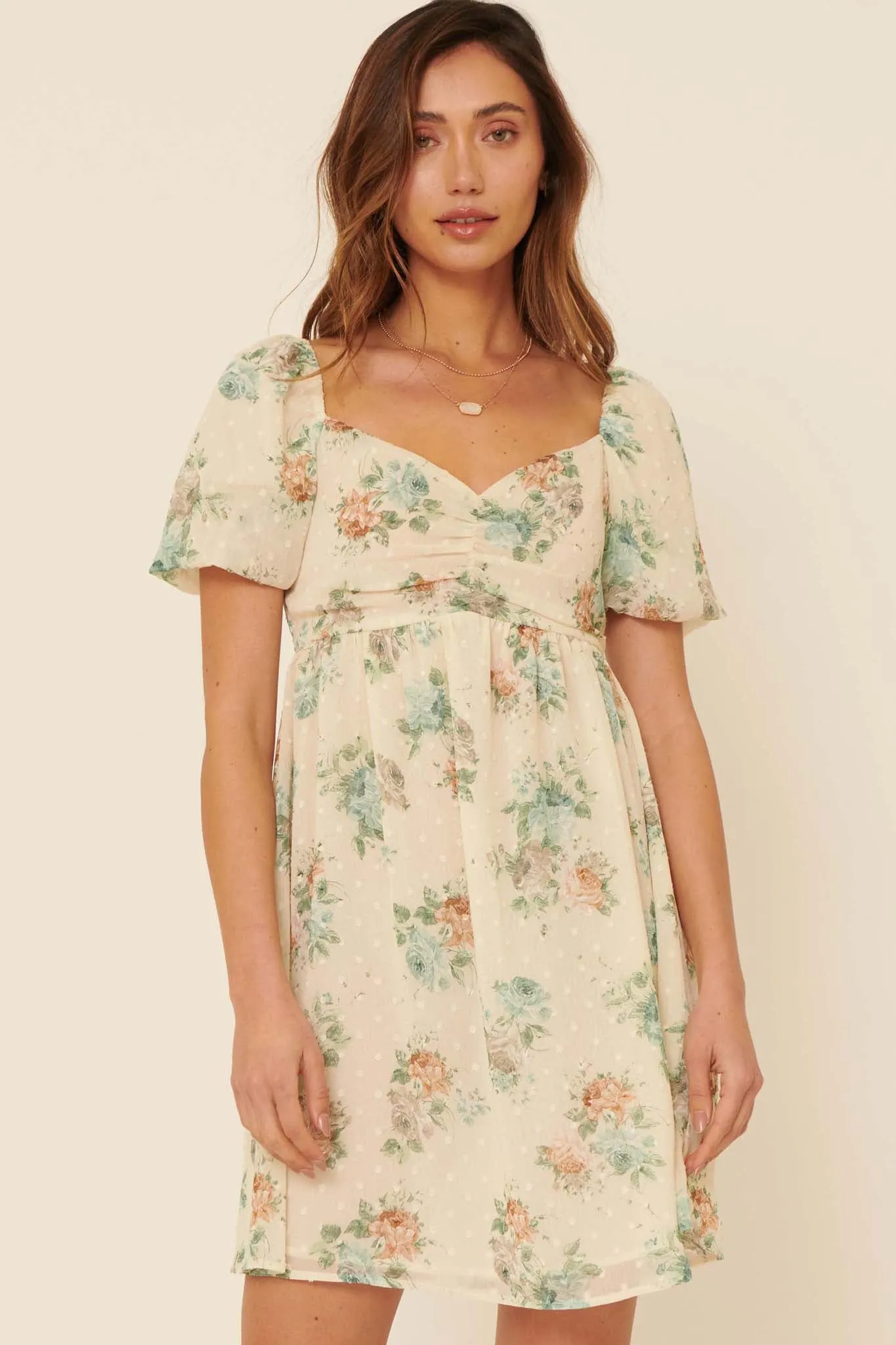 Radiate Joy Floral Swiss Dot Babydoll Dress