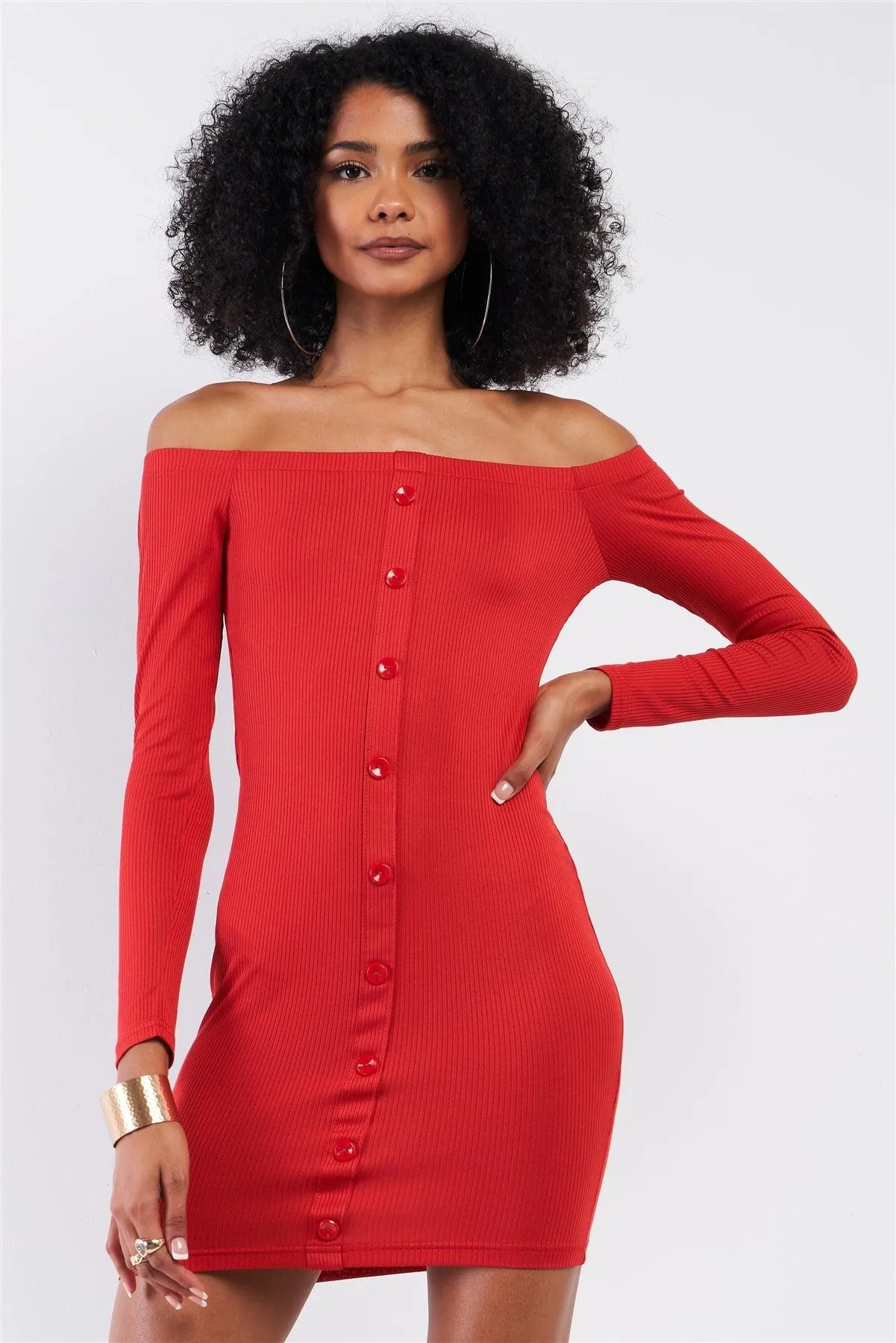 Red Ribbed Off-The-Shoulder Button Down Bodycon Mini Dress /2-2-2