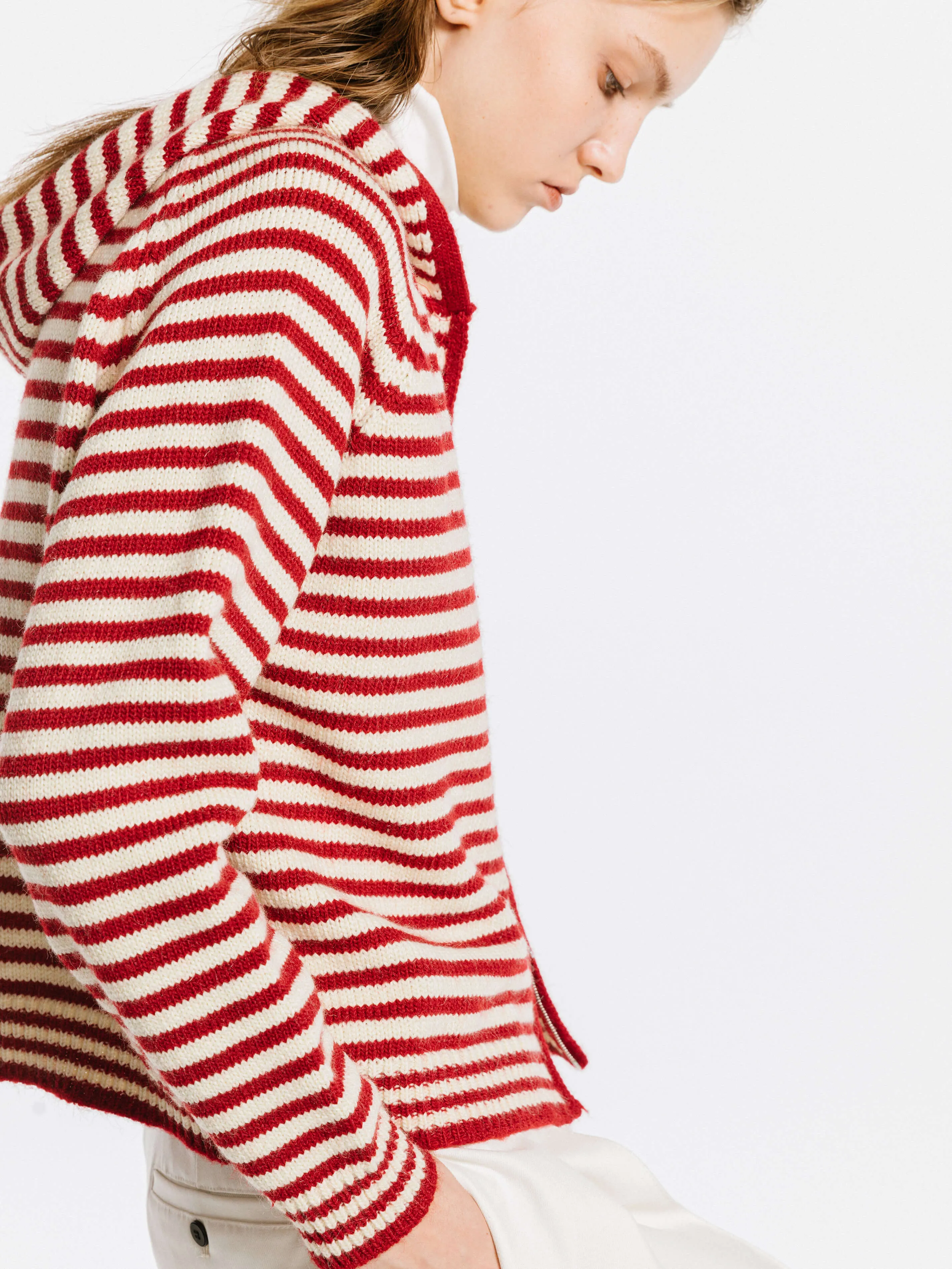 Red Stripes Hooded Zip-Up Cardigan