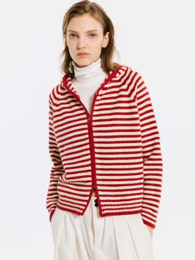 Red Stripes Hooded Zip-Up Cardigan