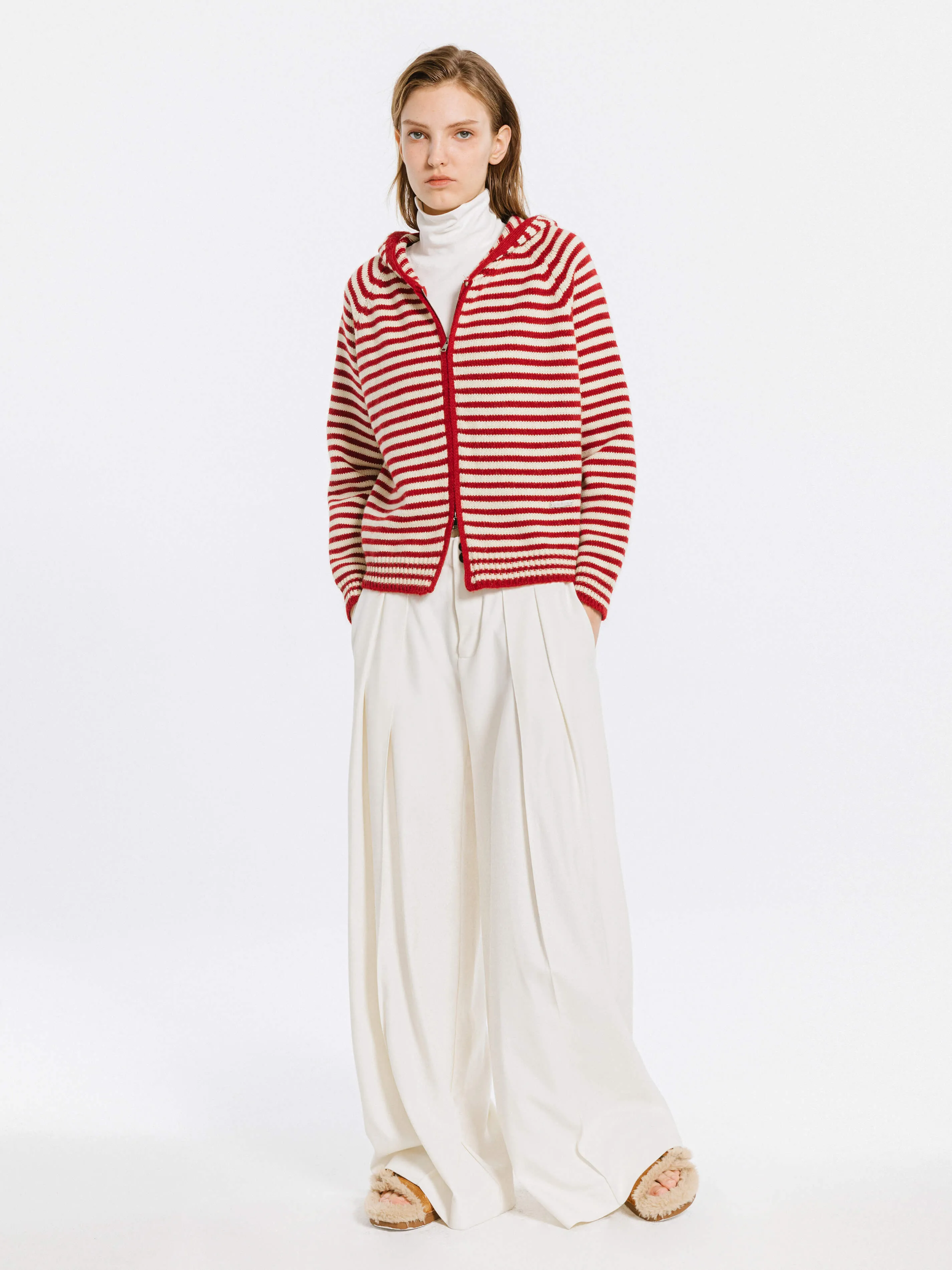 Red Stripes Hooded Zip-Up Cardigan