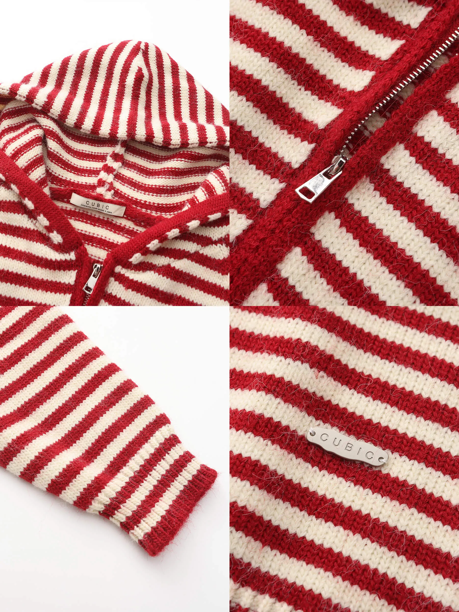 Red Stripes Hooded Zip-Up Cardigan