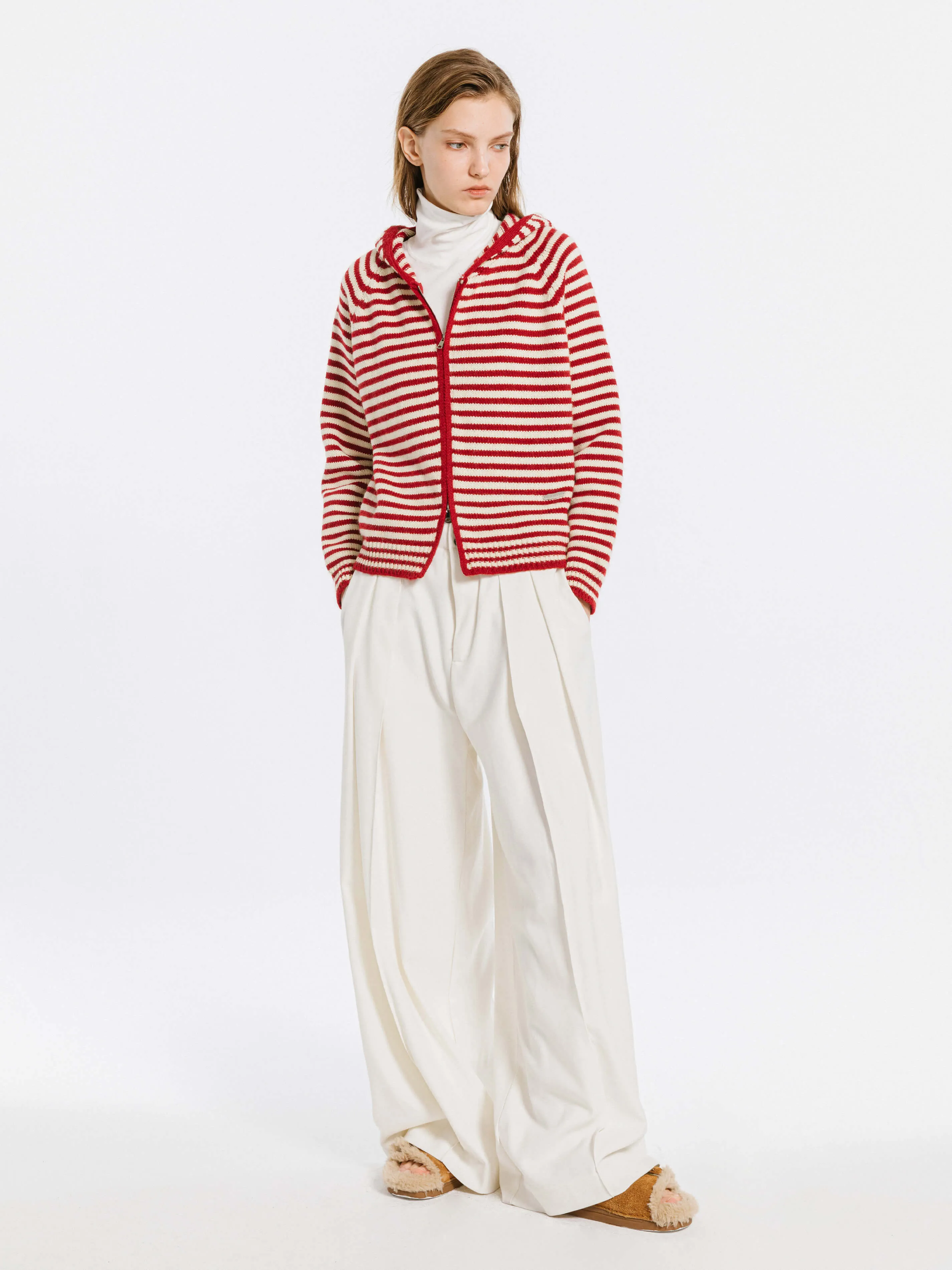 Red Stripes Hooded Zip-Up Cardigan