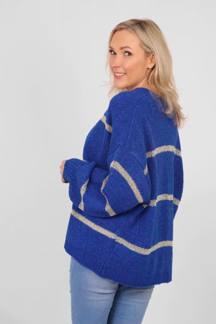 Royal blue cardigan with thin gold stripe