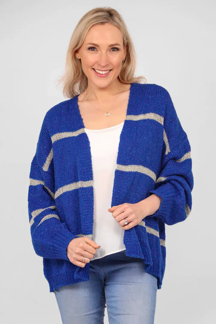 Royal blue cardigan with thin gold stripe