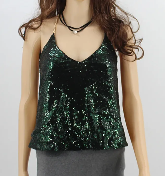 Sequin Strappy Top With Gold Chain Detail