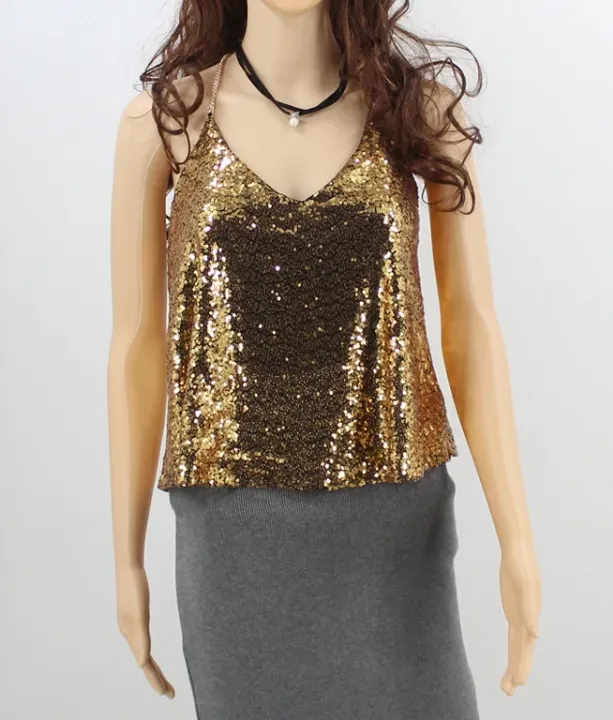 Sequin Strappy Top With Gold Chain Detail