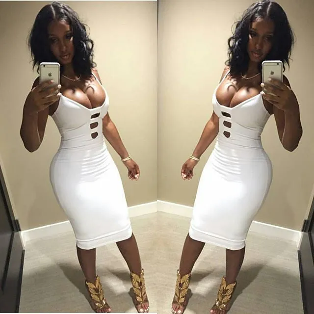 Sexy club dress 2016 new women spring white bandage dress Celebrity sleeveless deep V-neck slim hollow out party dresses