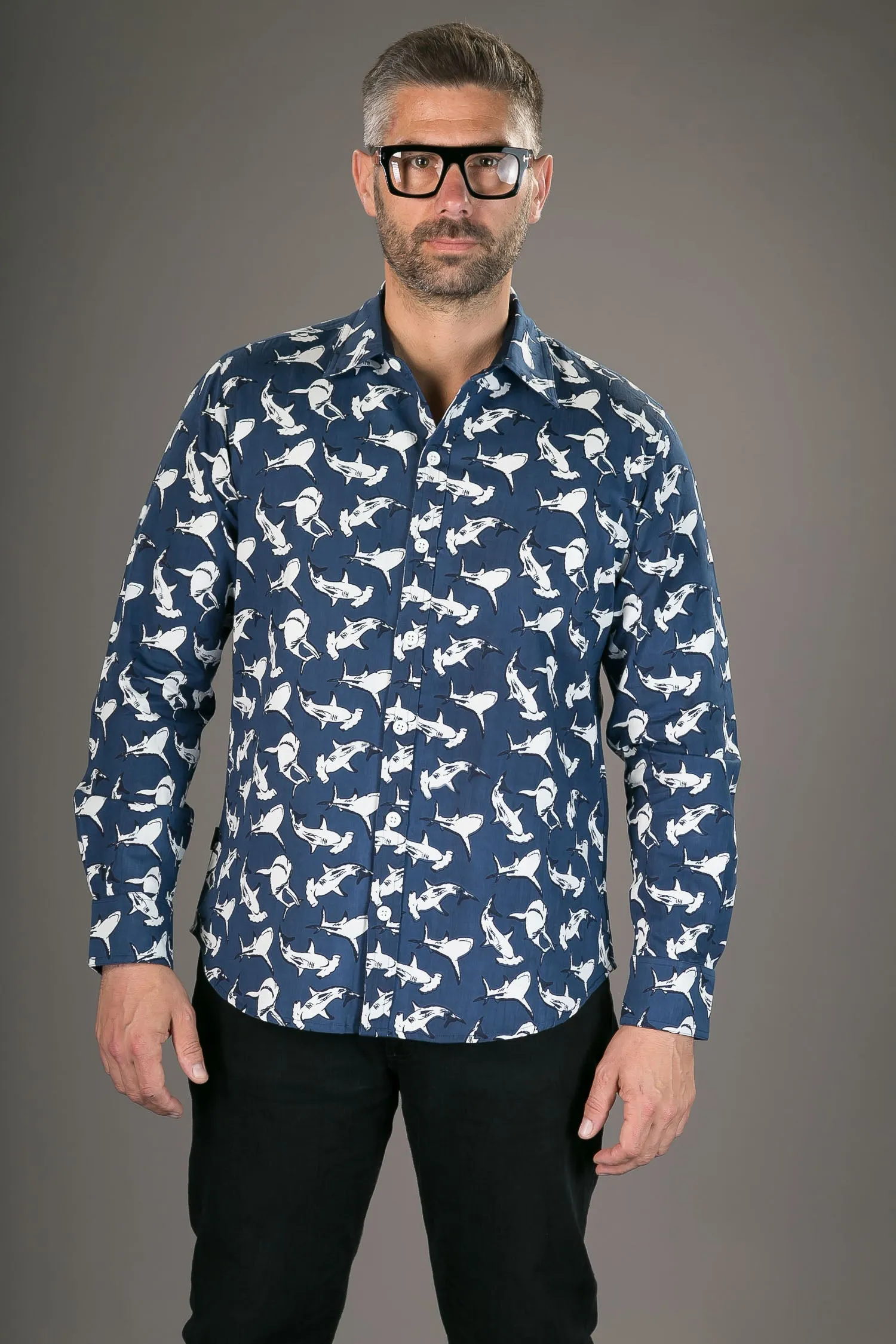 Shark Print Cotton Slim Fit Mens Shirt Long Sleeve