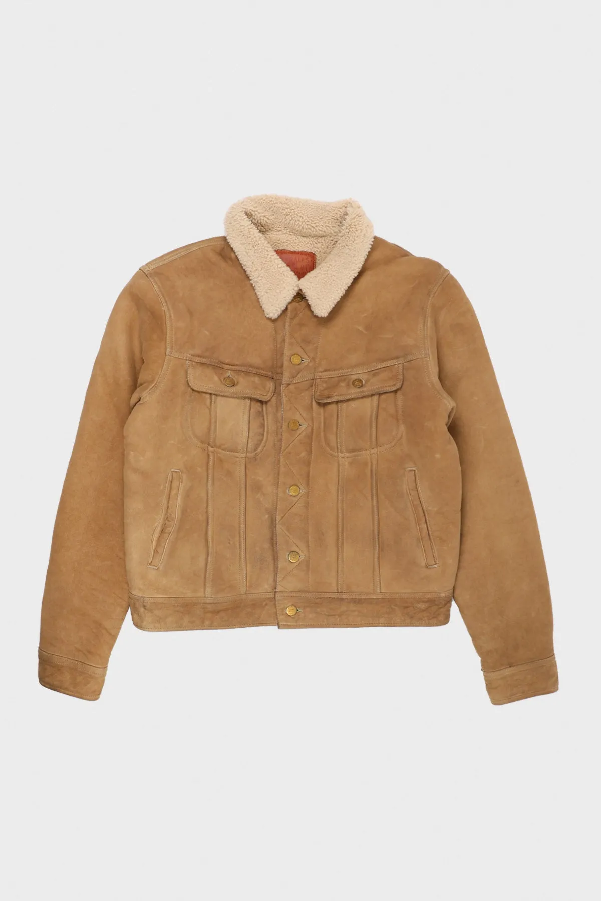 Shearling Lined Suede Trucker Jacket - Khaki