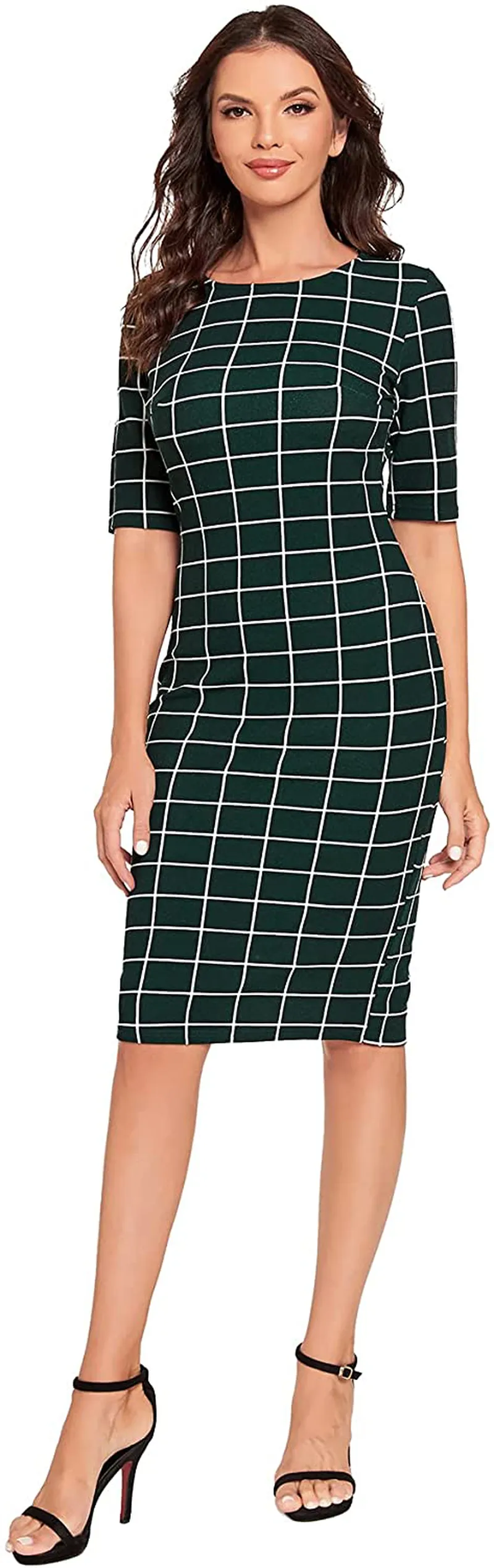 SheIn Women's Short Sleeve Plaid Grid Round Neck Elegant Sheath Pencil Bodycon Dress