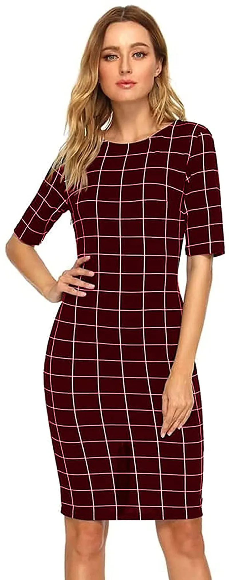 SheIn Women's Short Sleeve Plaid Grid Round Neck Elegant Sheath Pencil Bodycon Dress