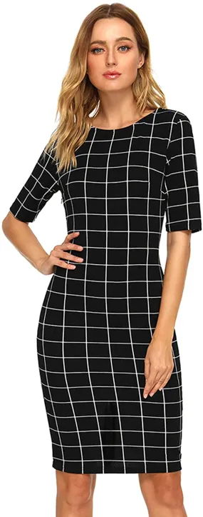 SheIn Women's Short Sleeve Plaid Grid Round Neck Elegant Sheath Pencil Bodycon Dress