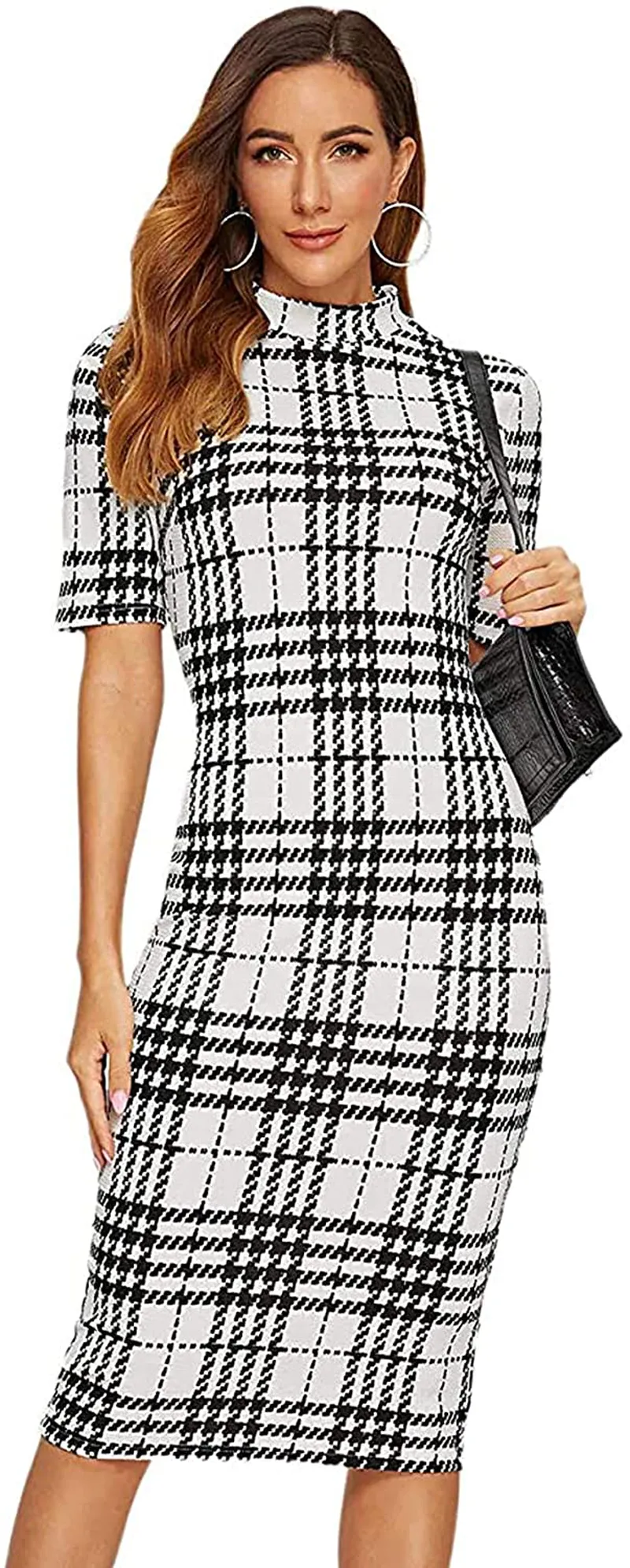 SheIn Women's Short Sleeve Plaid Grid Round Neck Elegant Sheath Pencil Bodycon Dress