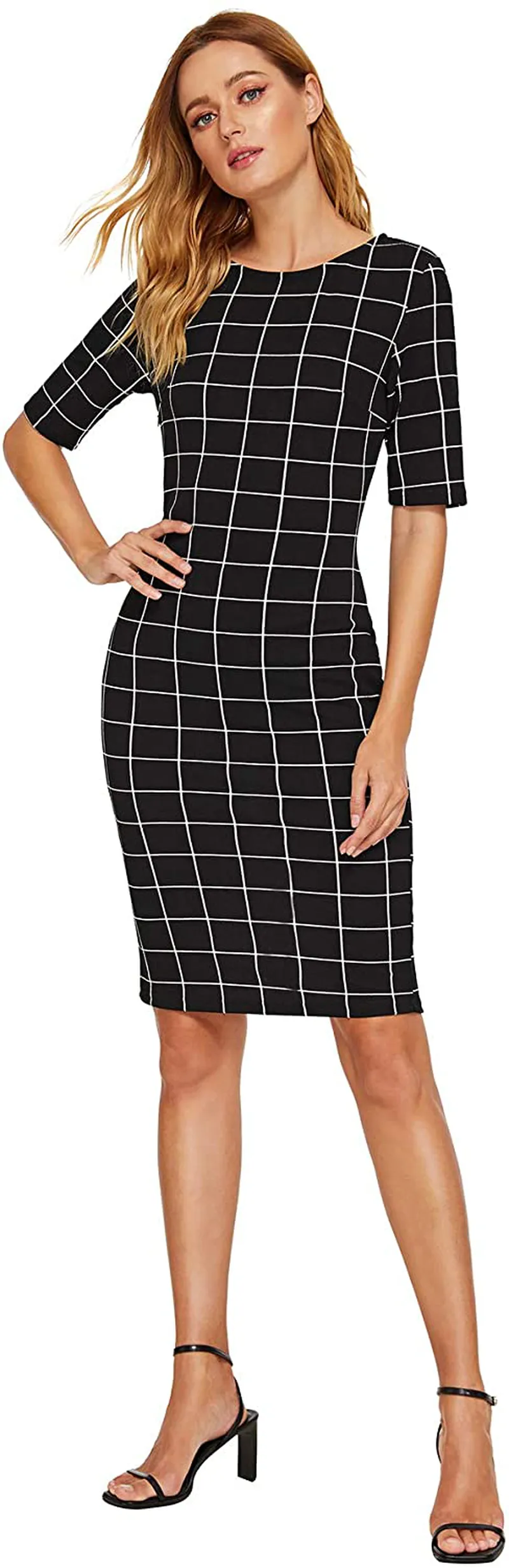 SheIn Women's Short Sleeve Plaid Grid Round Neck Elegant Sheath Pencil Bodycon Dress