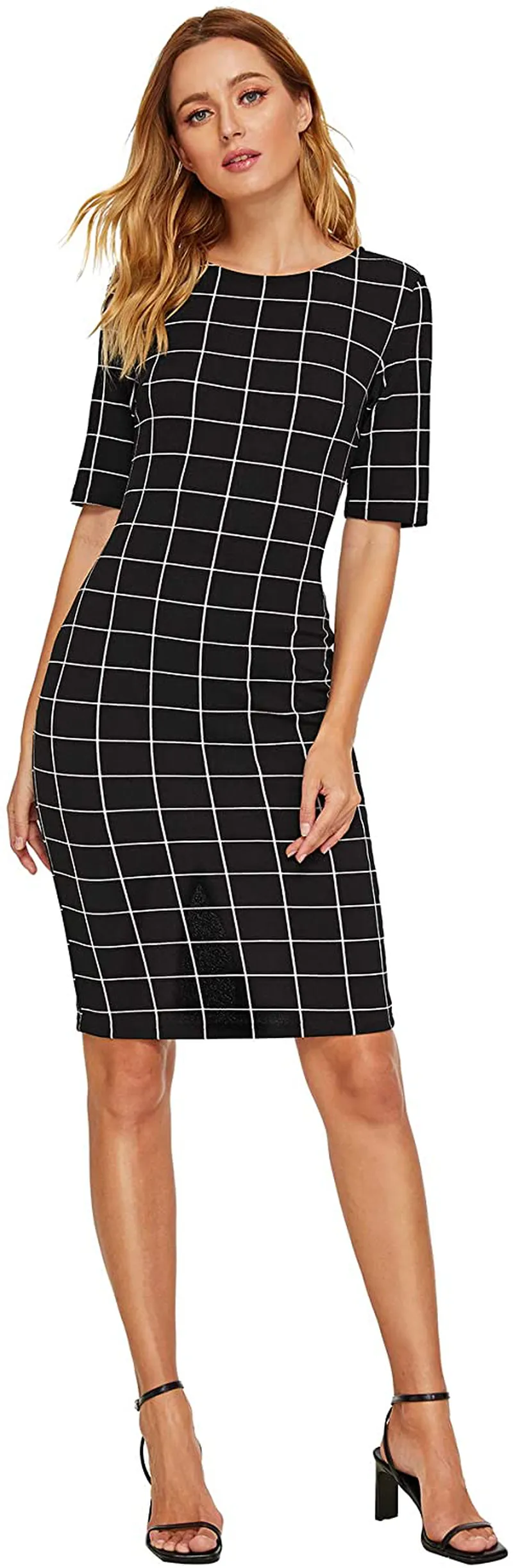 SheIn Women's Short Sleeve Plaid Grid Round Neck Elegant Sheath Pencil Bodycon Dress