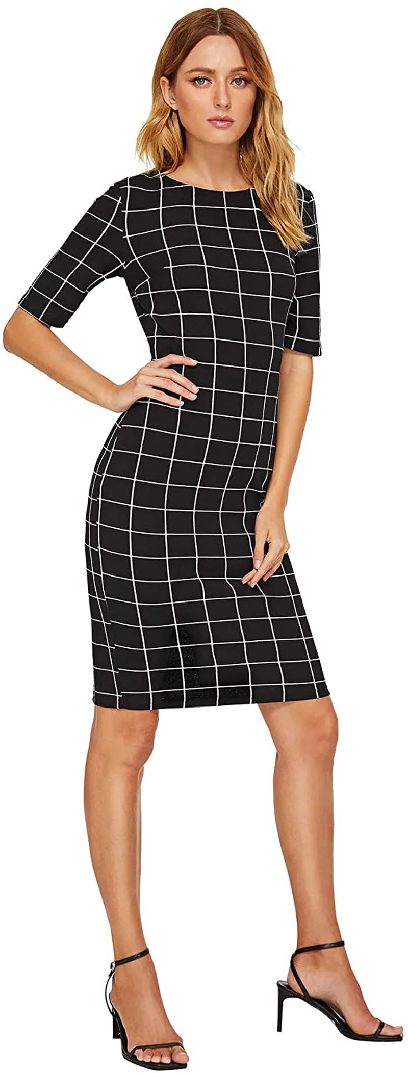 SheIn Women's Short Sleeve Plaid Grid Round Neck Elegant Sheath Pencil Bodycon Dress