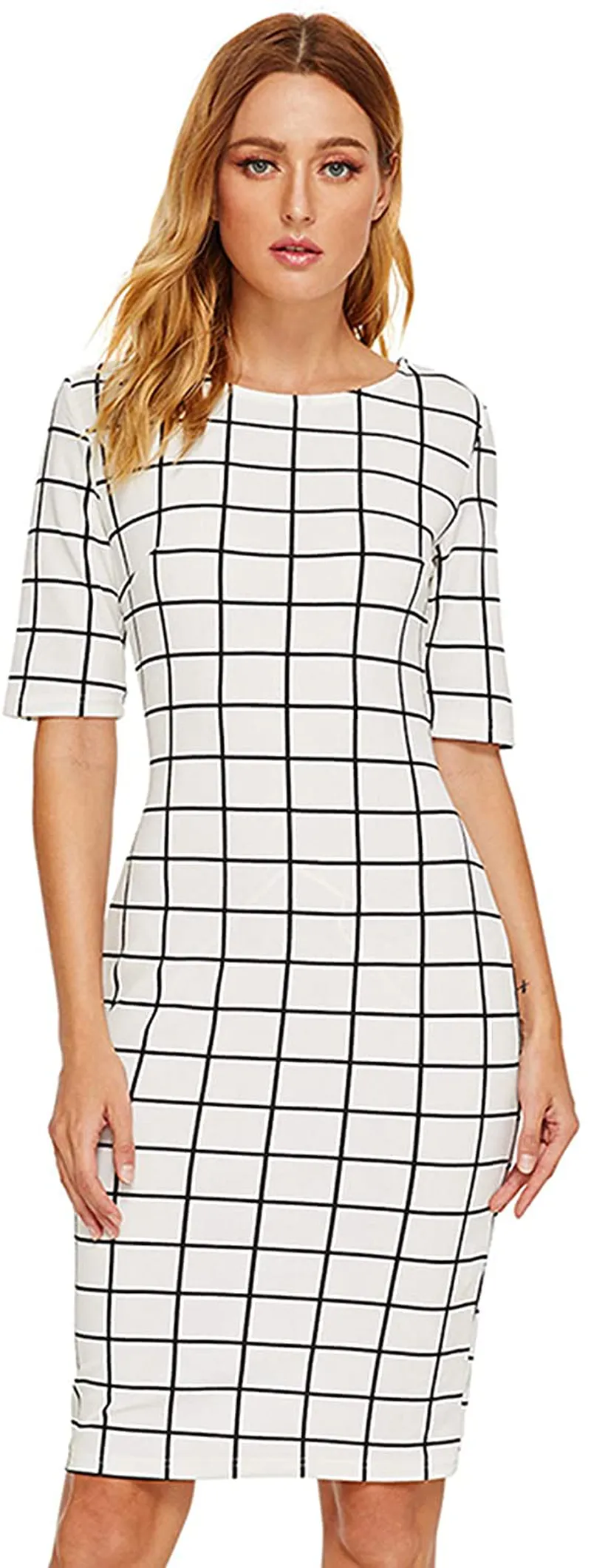 SheIn Women's Short Sleeve Plaid Grid Round Neck Elegant Sheath Pencil Bodycon Dress