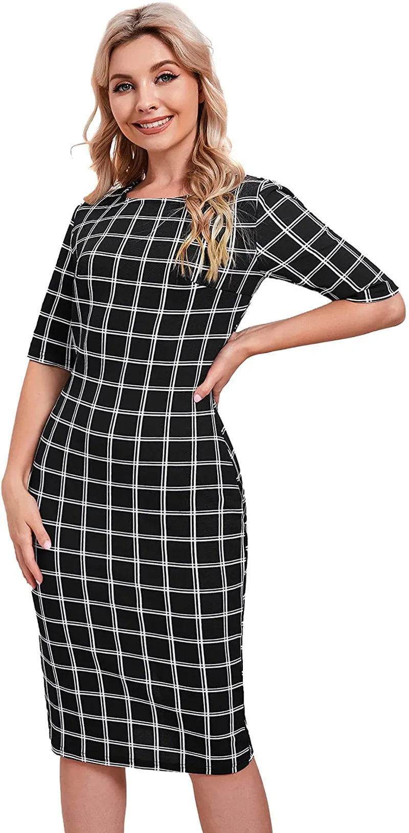 SheIn Women's Short Sleeve Plaid Grid Round Neck Elegant Sheath Pencil Bodycon Dress