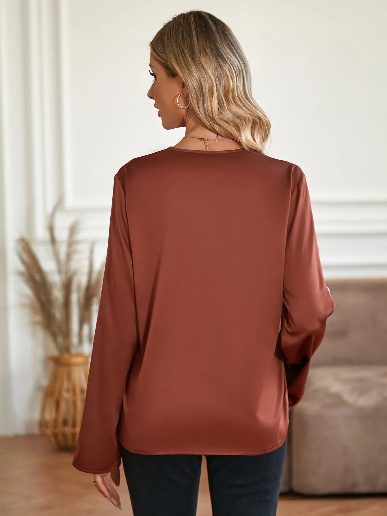 Silky V-neck Casual Solid Color Loose Long Sleeve Blouse