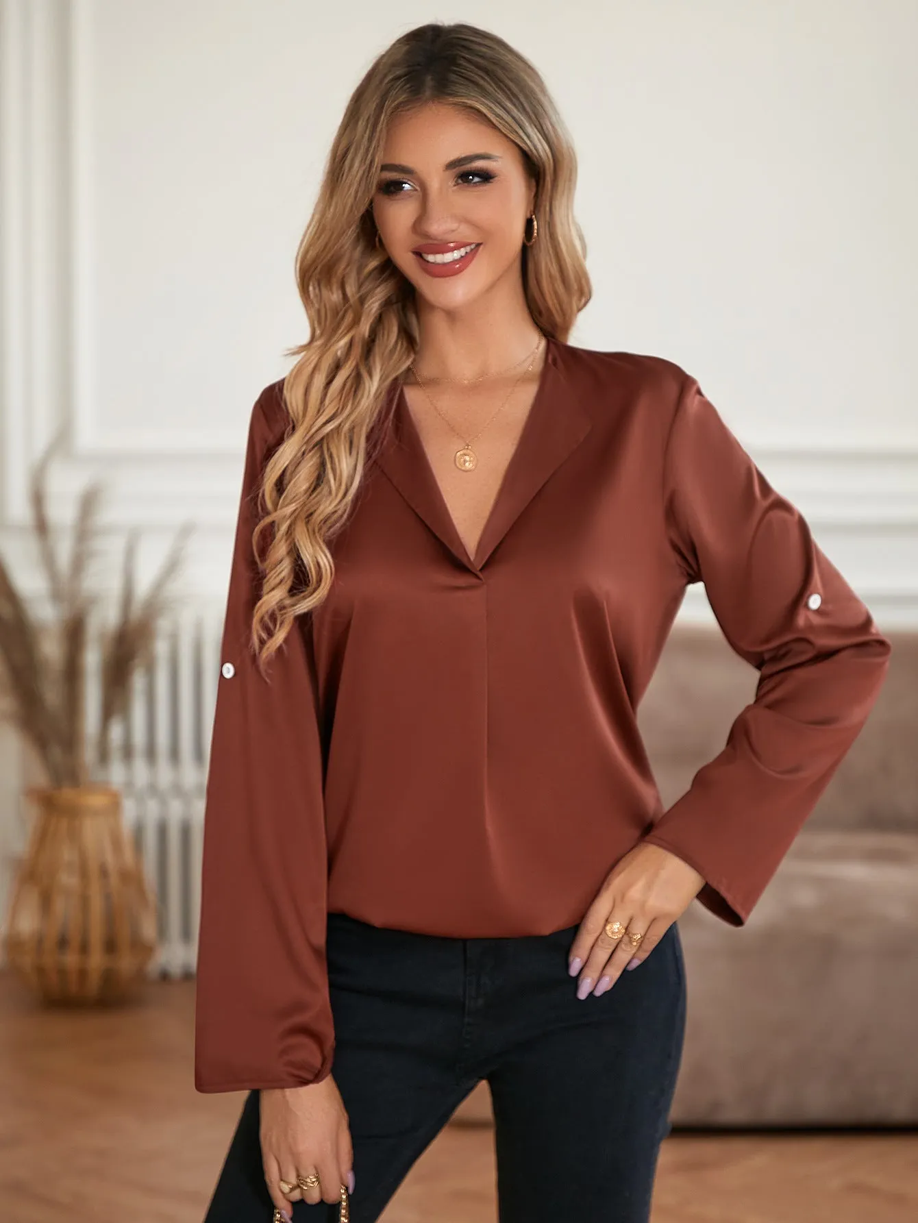 Silky V-neck Casual Solid Color Loose Long Sleeve Blouse