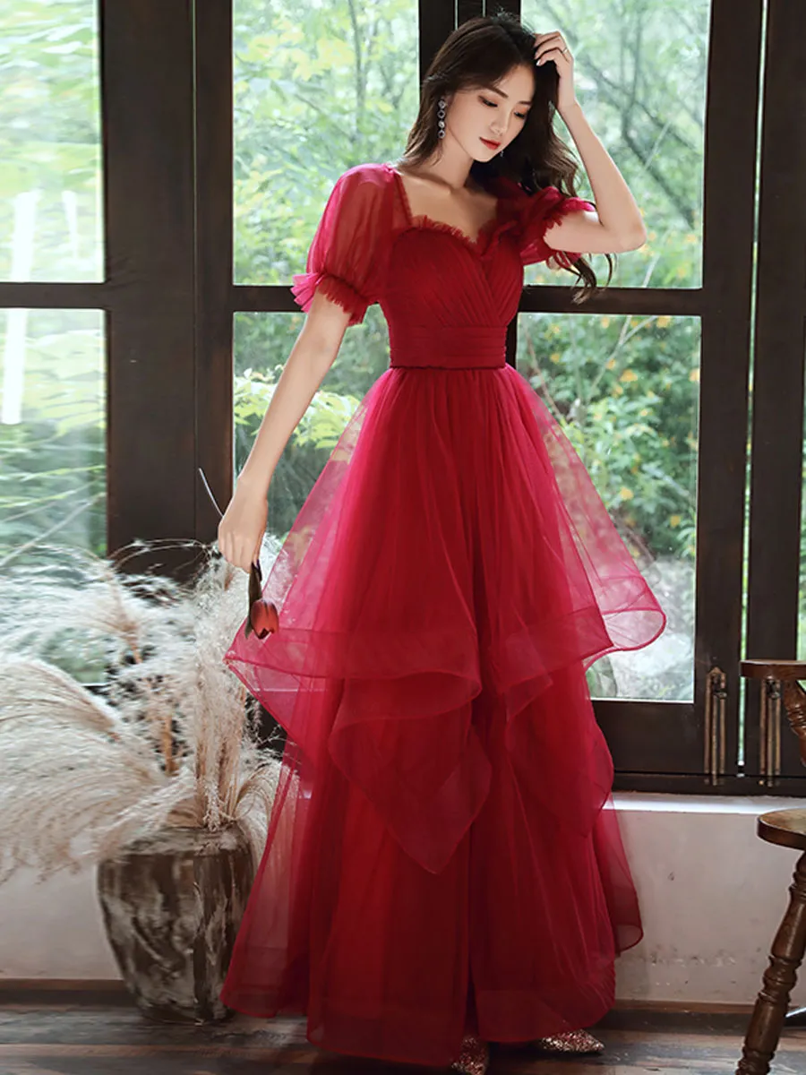 Simple A line Tulle Long Prom Dress Burgundy Tulle Formal Dress