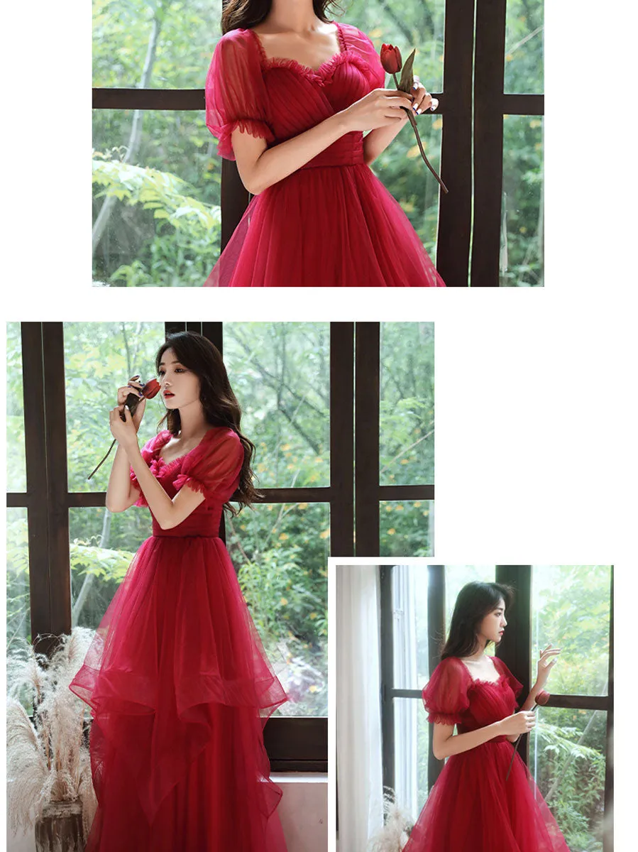 Simple A line Tulle Long Prom Dress Burgundy Tulle Formal Dress