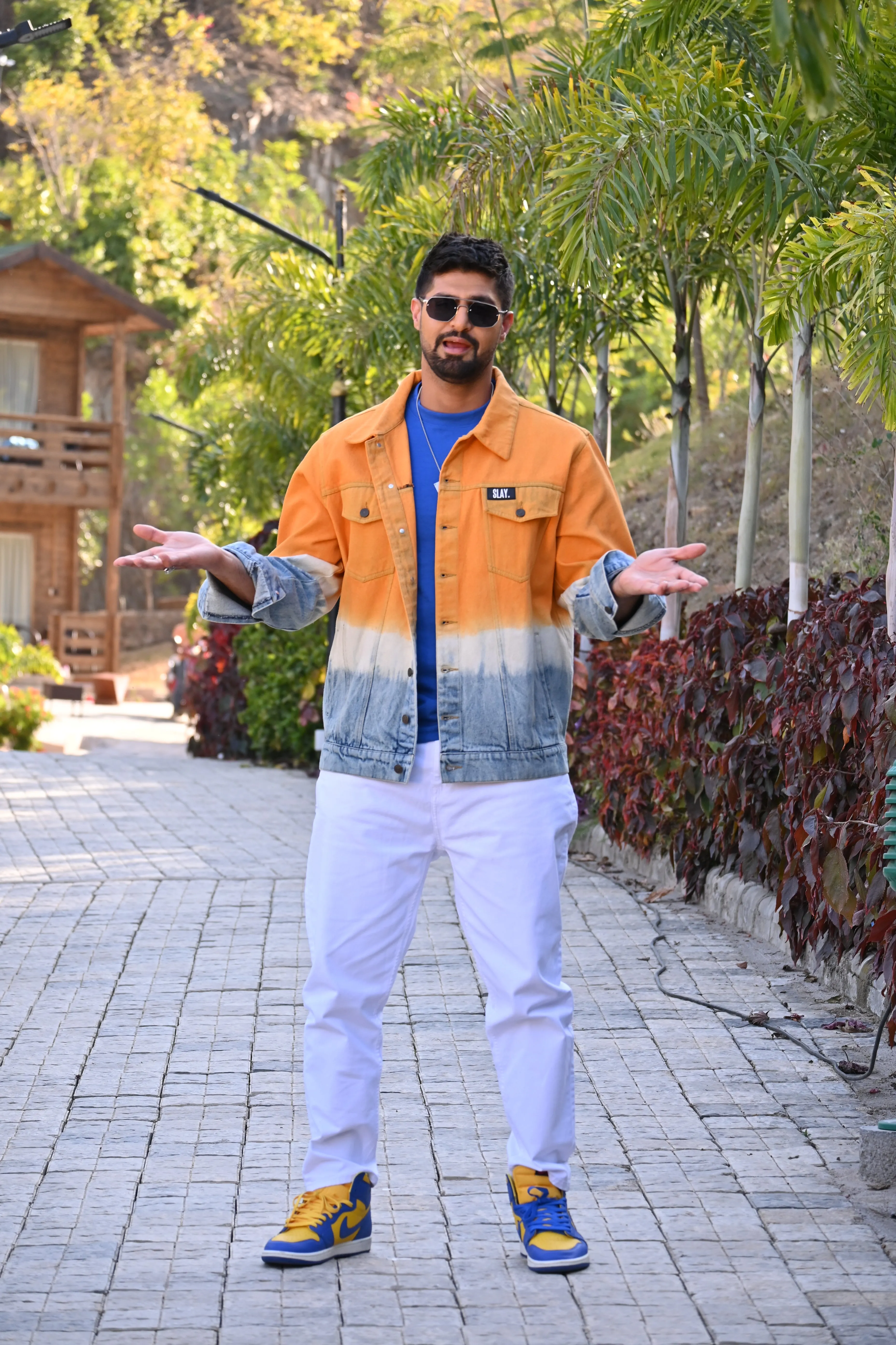 SLAY. Men's Orange White Blue Tie Dye Button-Down Ripped Denim Jacket