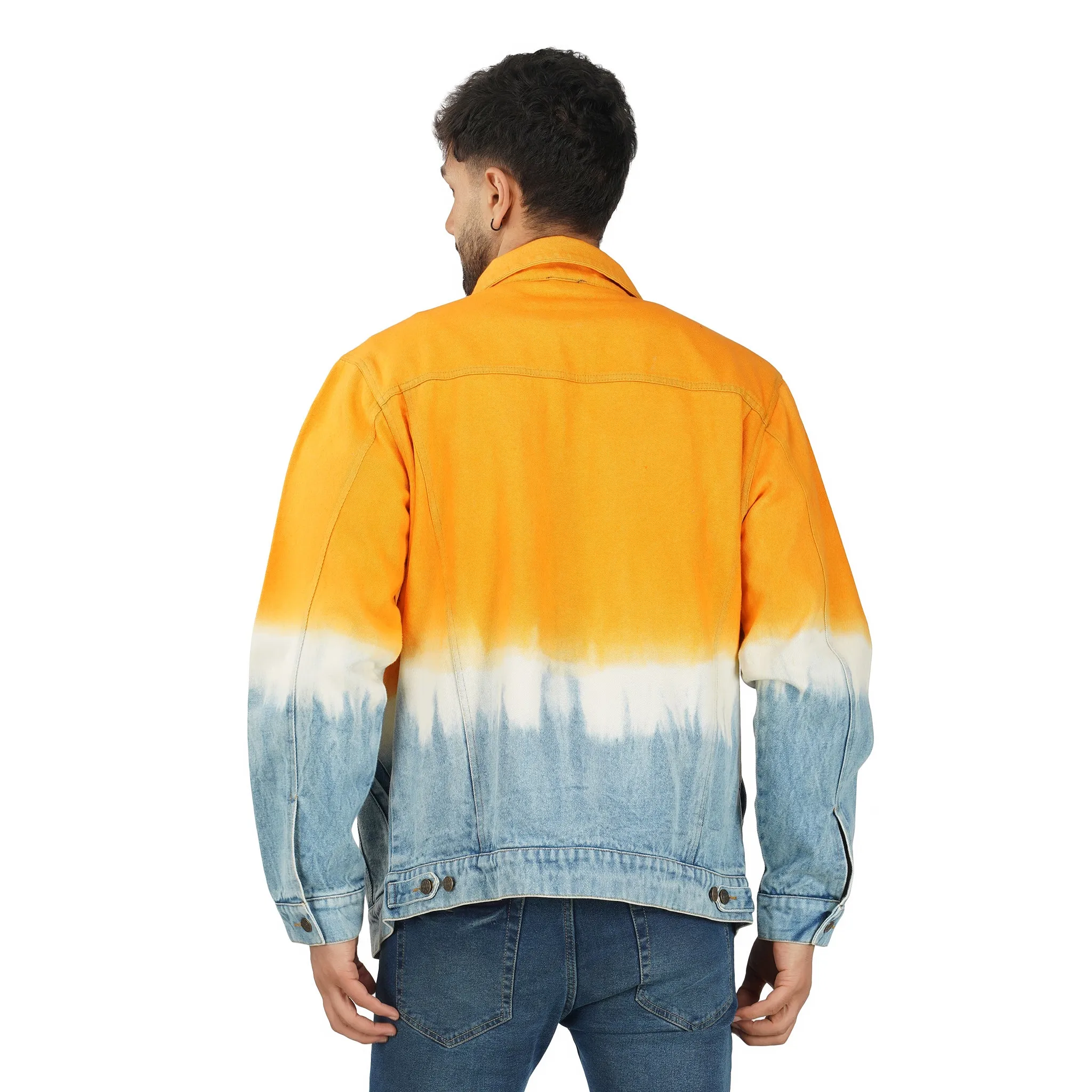 SLAY. Men's Orange White Blue Tie Dye Button-Down Ripped Denim Jacket