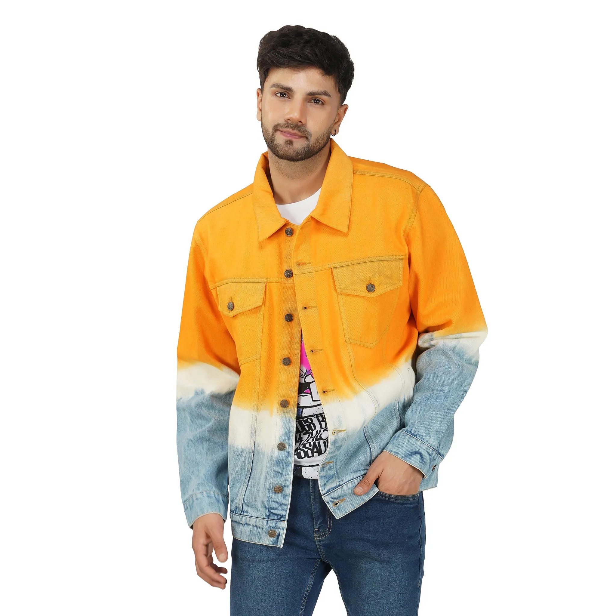 SLAY. Men's Orange White Blue Tie Dye Button-Down Ripped Denim Jacket