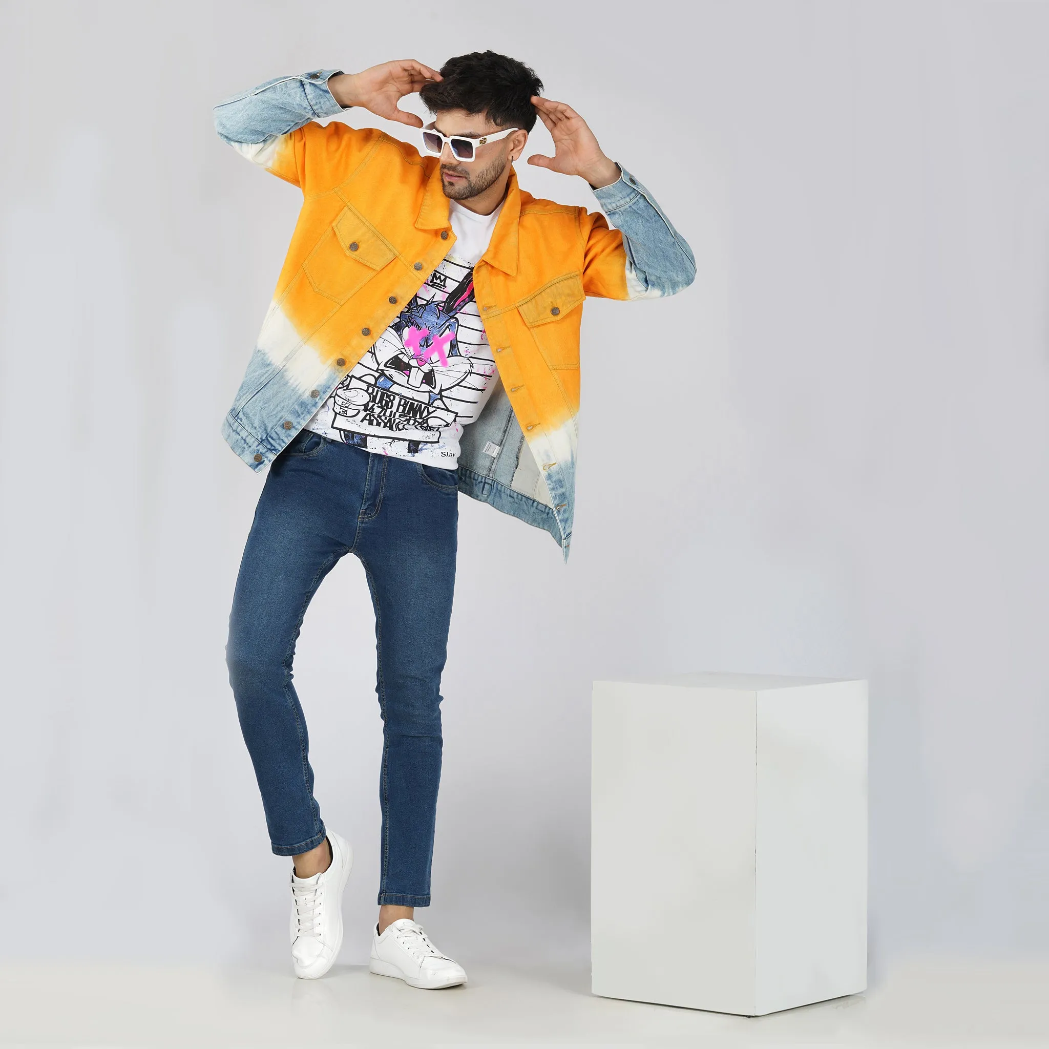 SLAY. Men's Orange White Blue Tie Dye Button-Down Ripped Denim Jacket