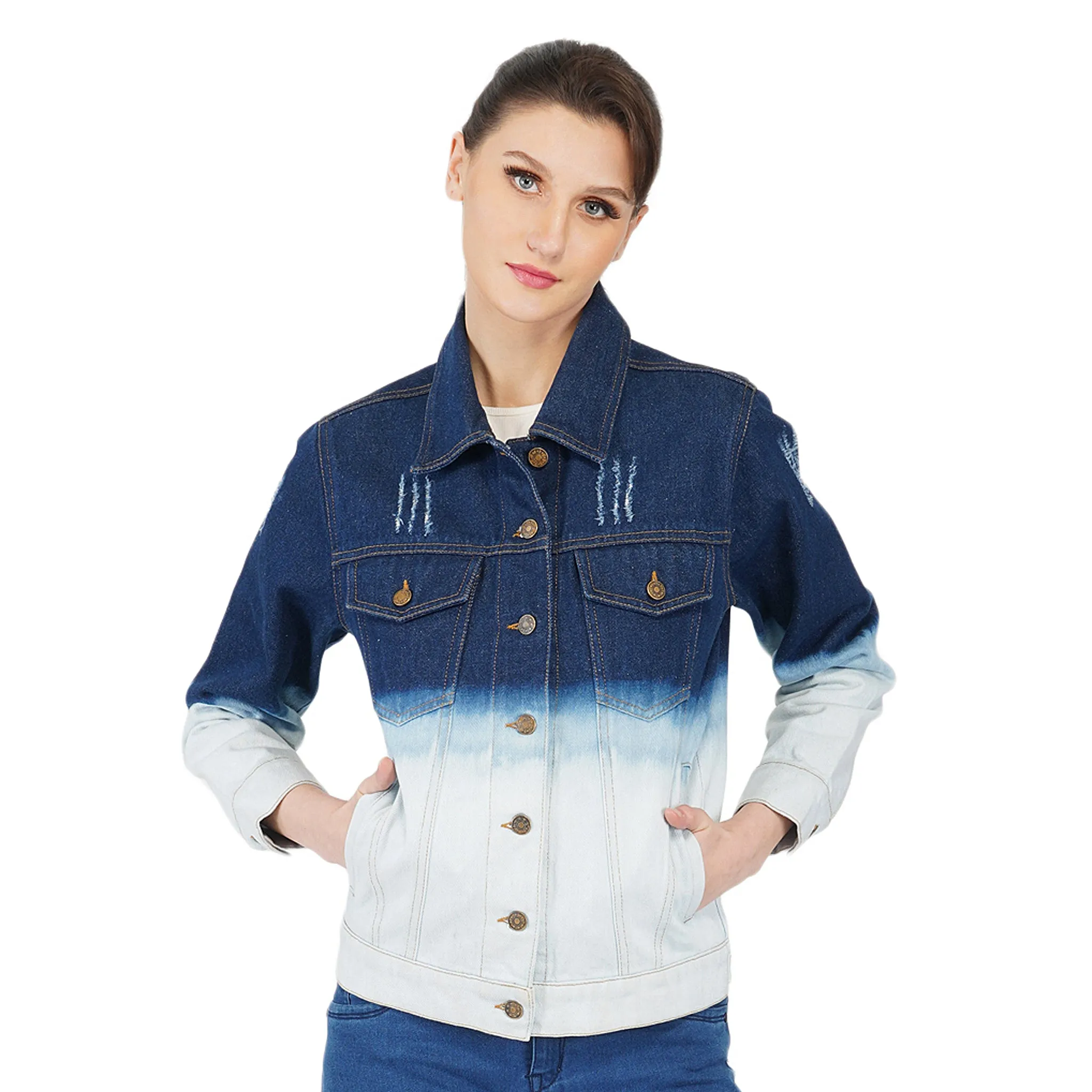 SLAY. Women's Embroidered Ombre Effect Ripped Denim Jacket