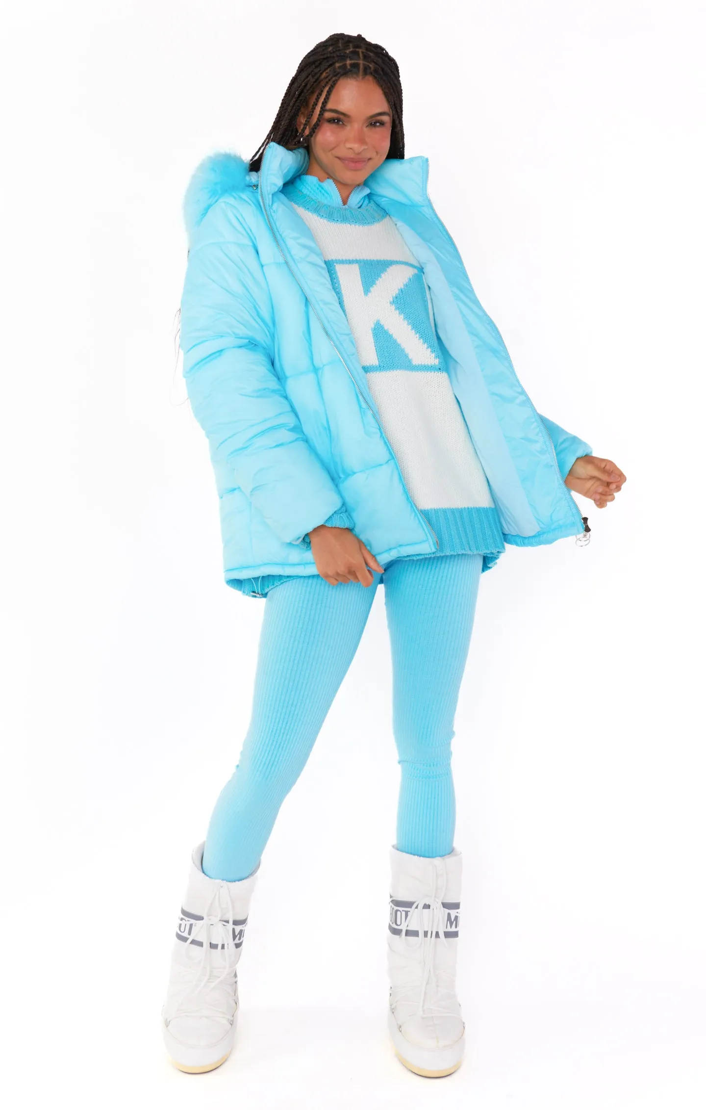 Snowbird Puffer Jacket ~ Powder Blue with Faux Fur