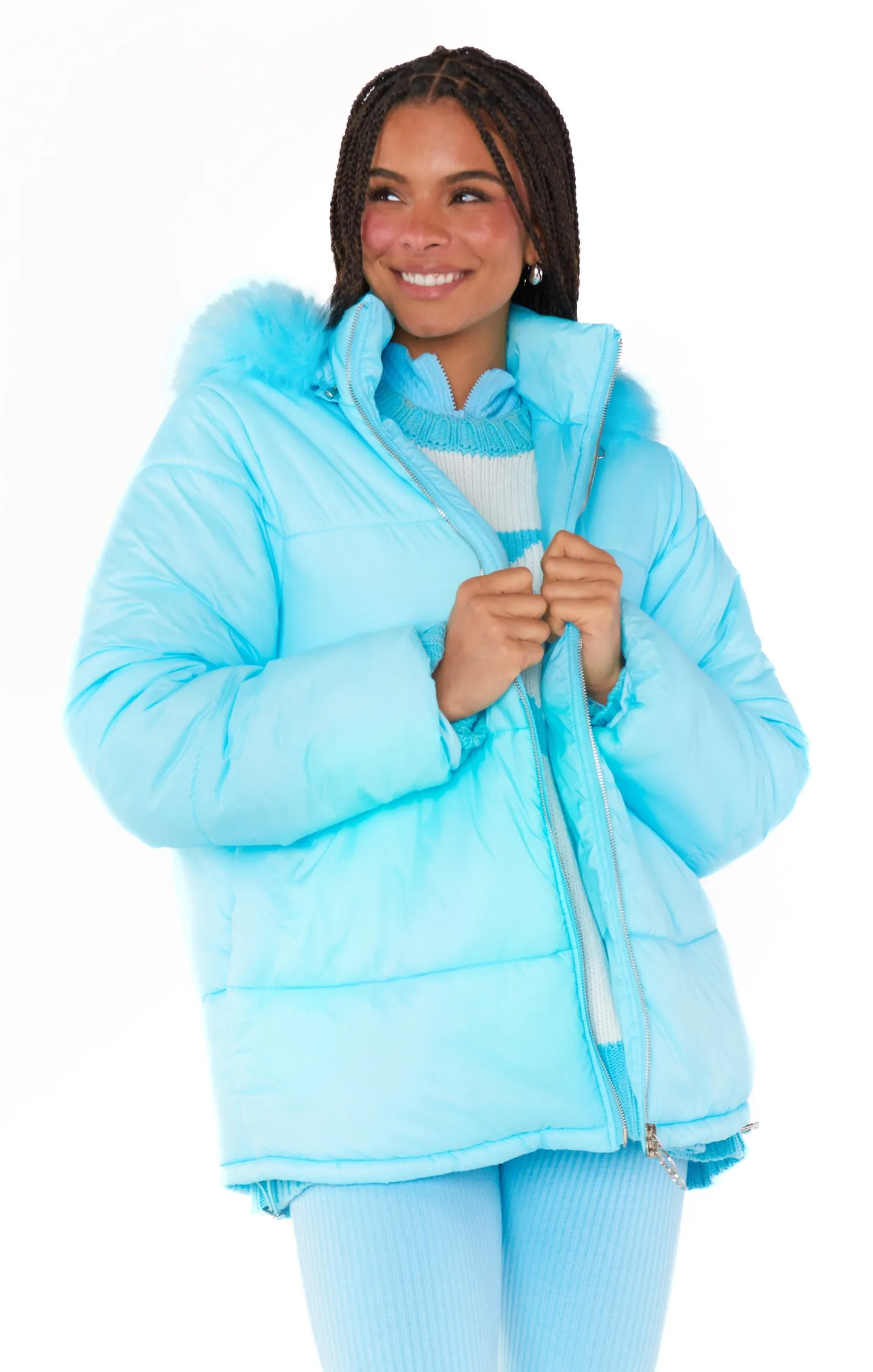 Snowbird Puffer Jacket ~ Powder Blue with Faux Fur