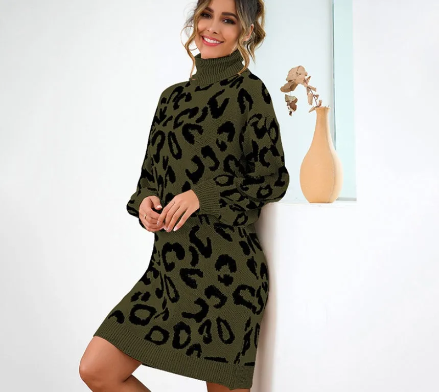 So Cozy Turtleneck Leopard Print Sweater Dress