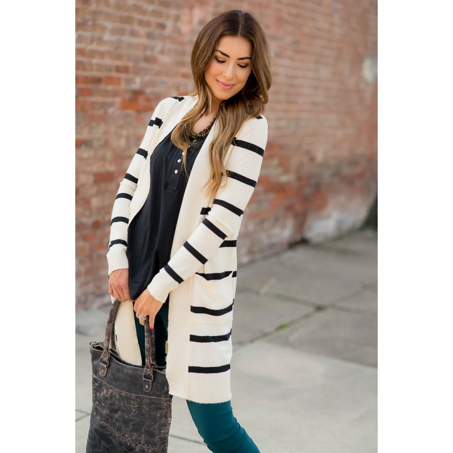 Striped Butter Soft Tunic Cardigan -Cream