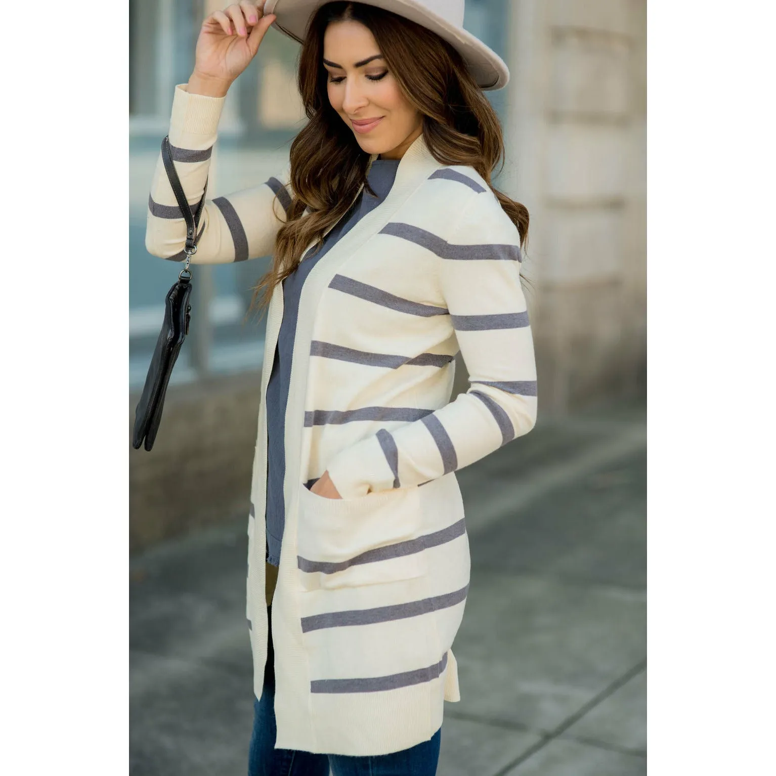 Striped Butter Soft Tunic Cardigan -Cream