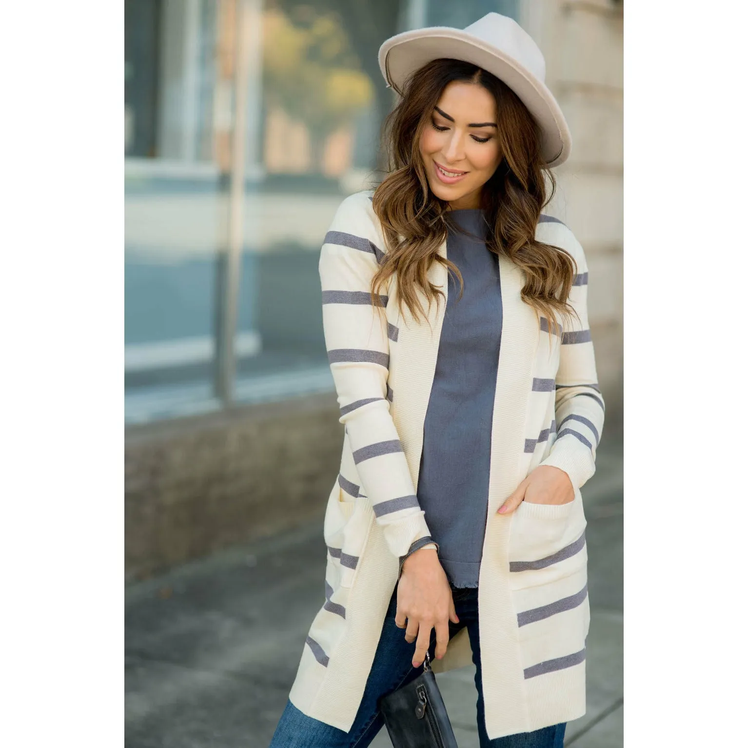 Striped Butter Soft Tunic Cardigan -Cream