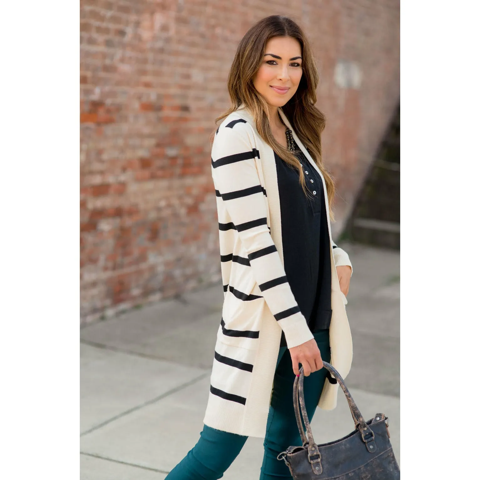 Striped Butter Soft Tunic Cardigan -Cream