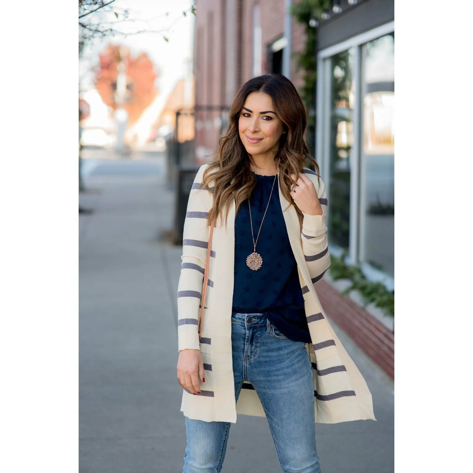 Striped Butter Soft Tunic Cardigan -Cream