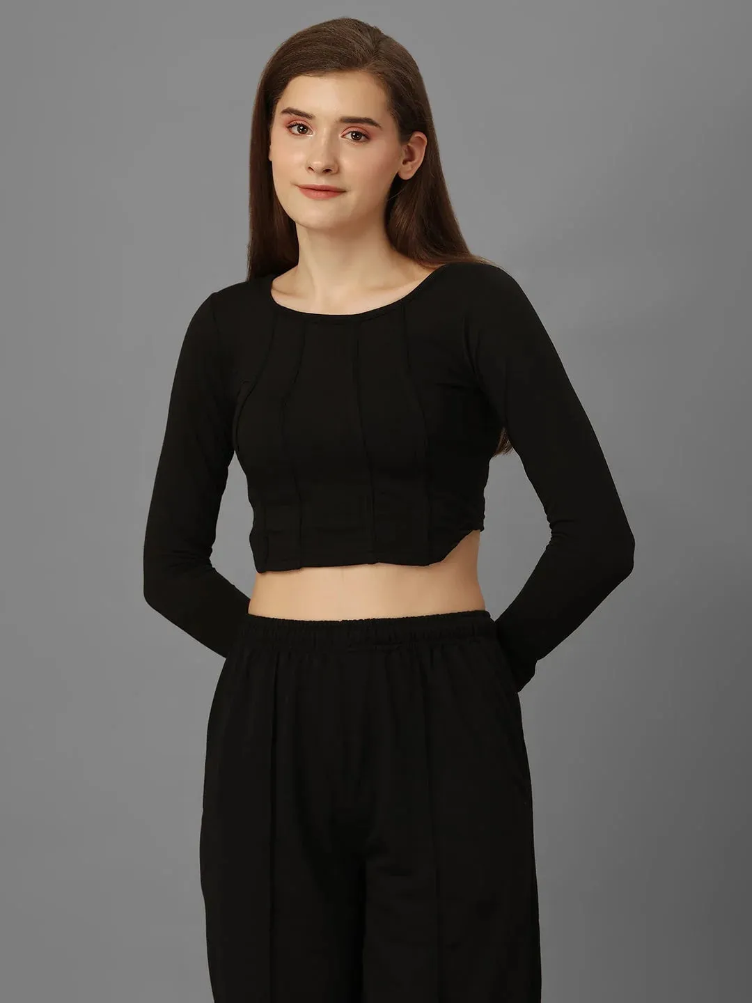 SXV Basic CO-ORDS set : black longsleeve Corset Croptop And Trouser Combo