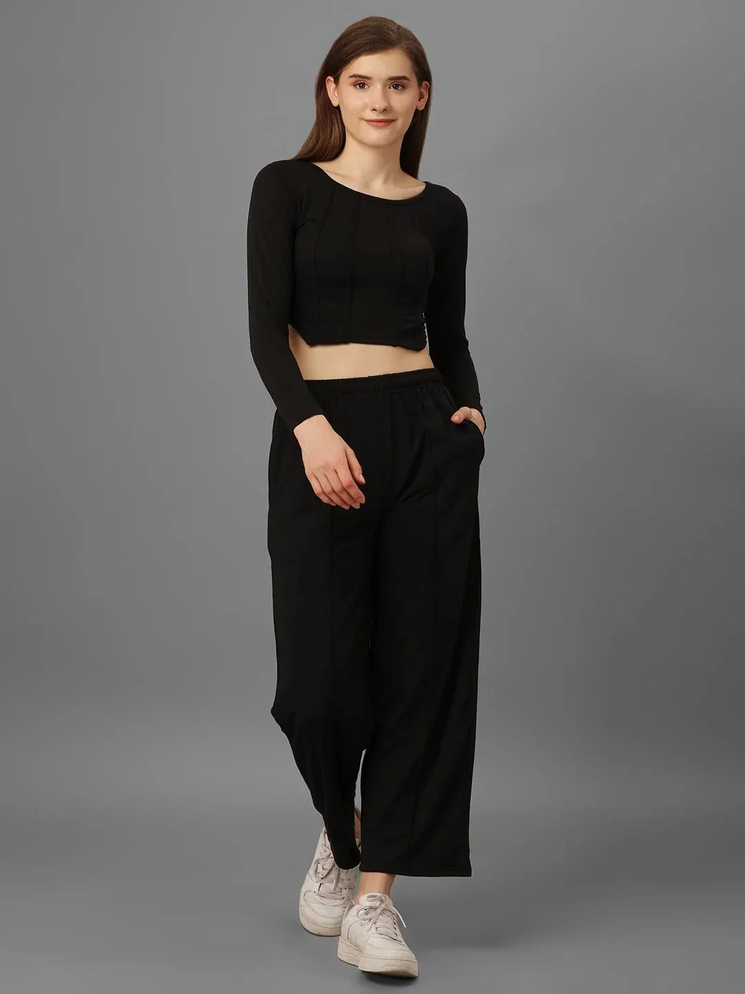 SXV Basic CO-ORDS set : black longsleeve Corset Croptop And Trouser Combo