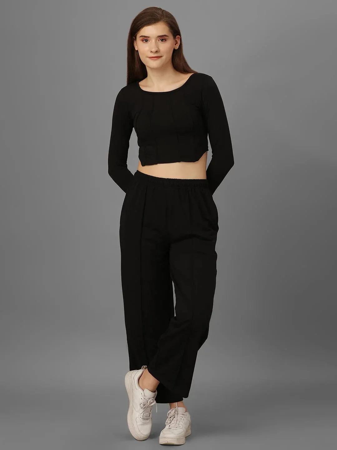 SXV Basic CO-ORDS set : black longsleeve Corset Croptop And Trouser Combo