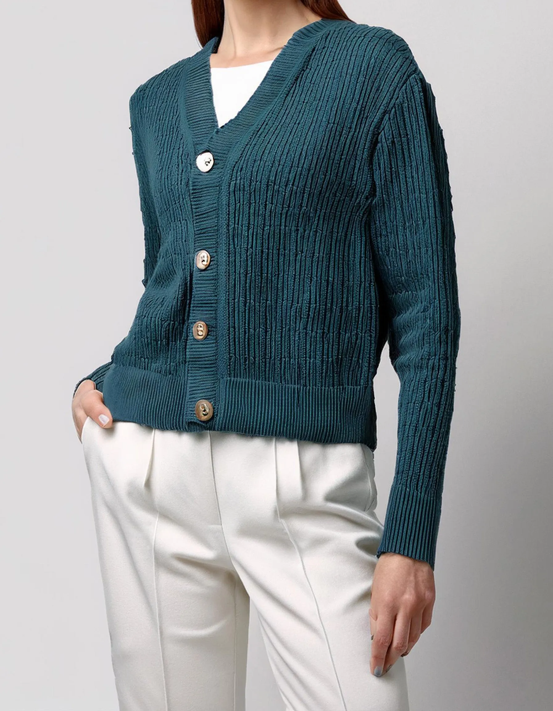 Teal Button-Up Cropped Cardigan