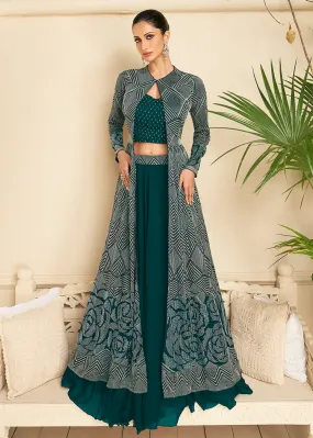 Teal Green Jacket Style Wedding Party Lehenga Skirt Suit