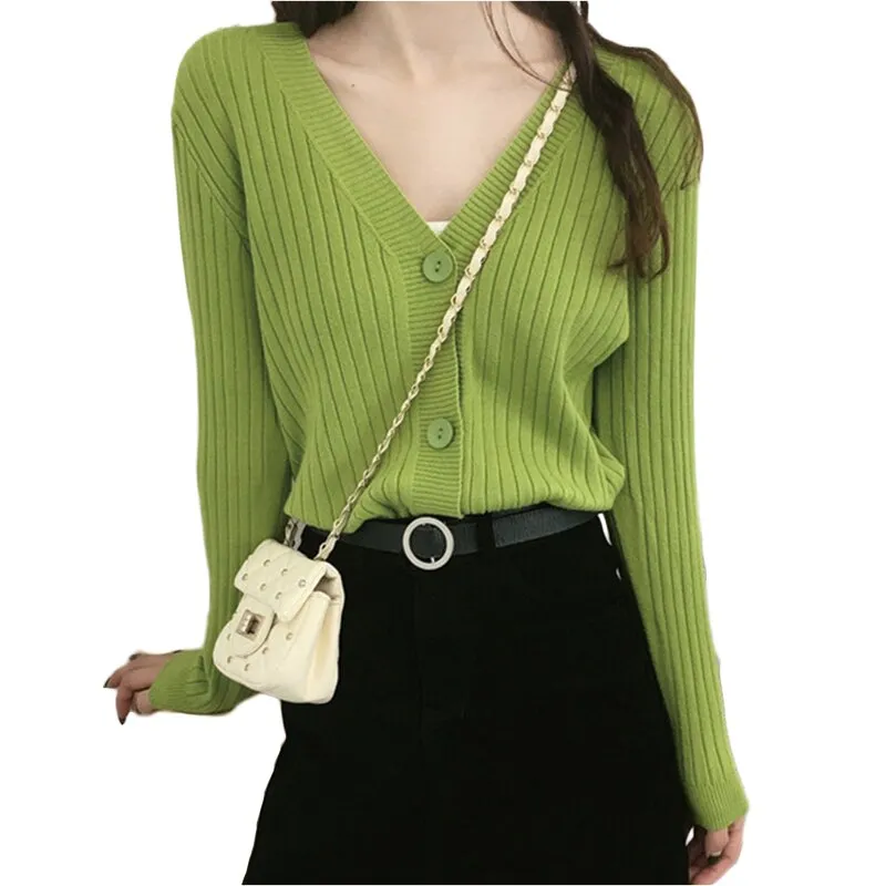 V Neck Knitted Long Sleeve Cardigans for Women