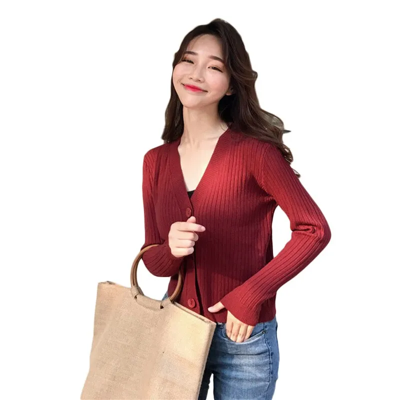 V Neck Knitted Long Sleeve Cardigans for Women