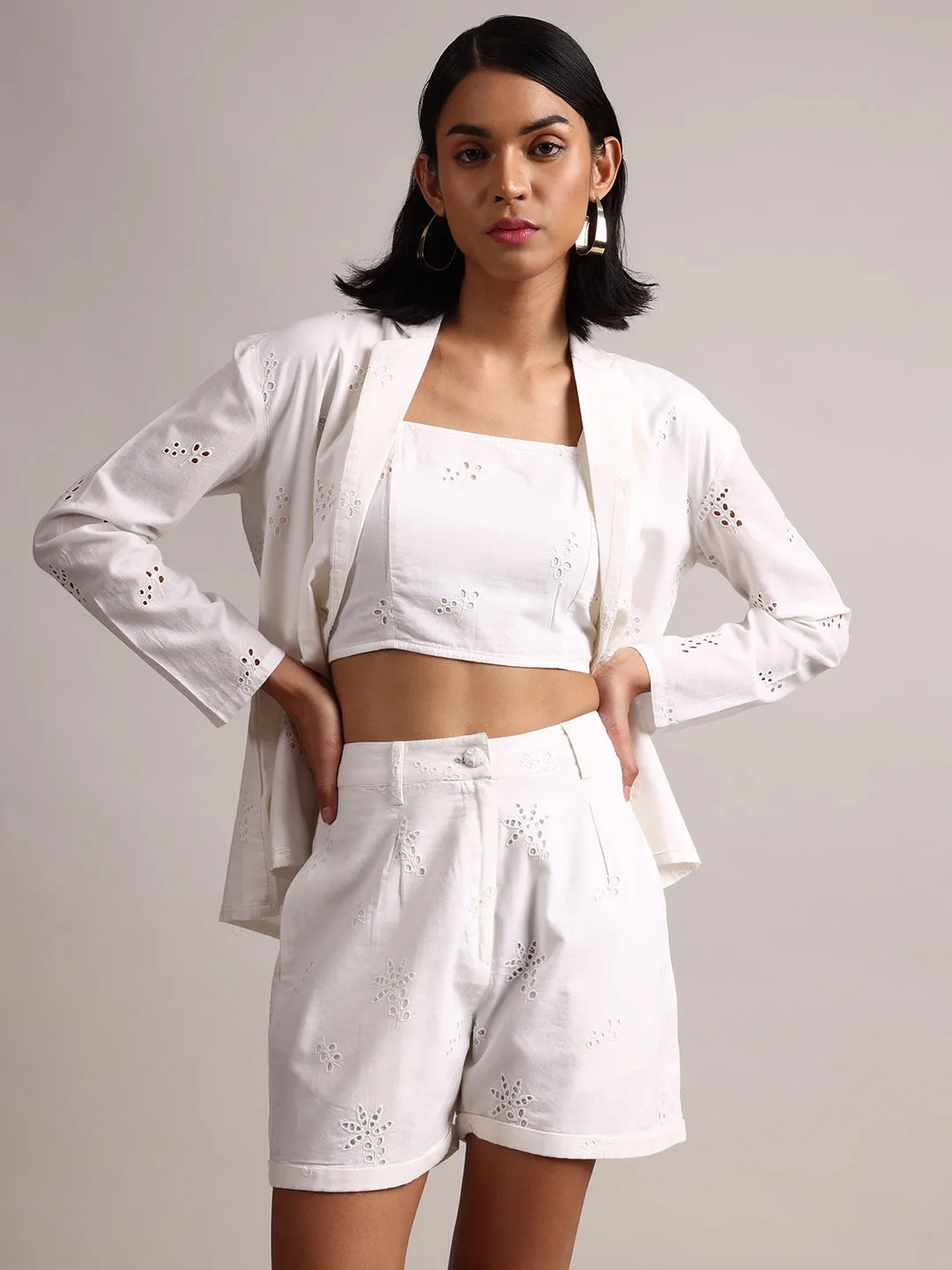 White Cotton Schiffli Regular Co-Ord Set