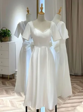 White Satin Short Sleeve Short Wedding Dress      fg4074